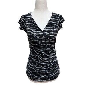 Y2K 2000s Vol 1 Black White Dot Print V Neck Short Sleeve Ruched Top Size M